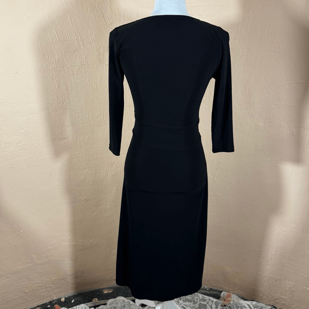 Leona Edmiston Frocks Black V-Neck Midi Dress | Structured Bodice | Wide Waistba
