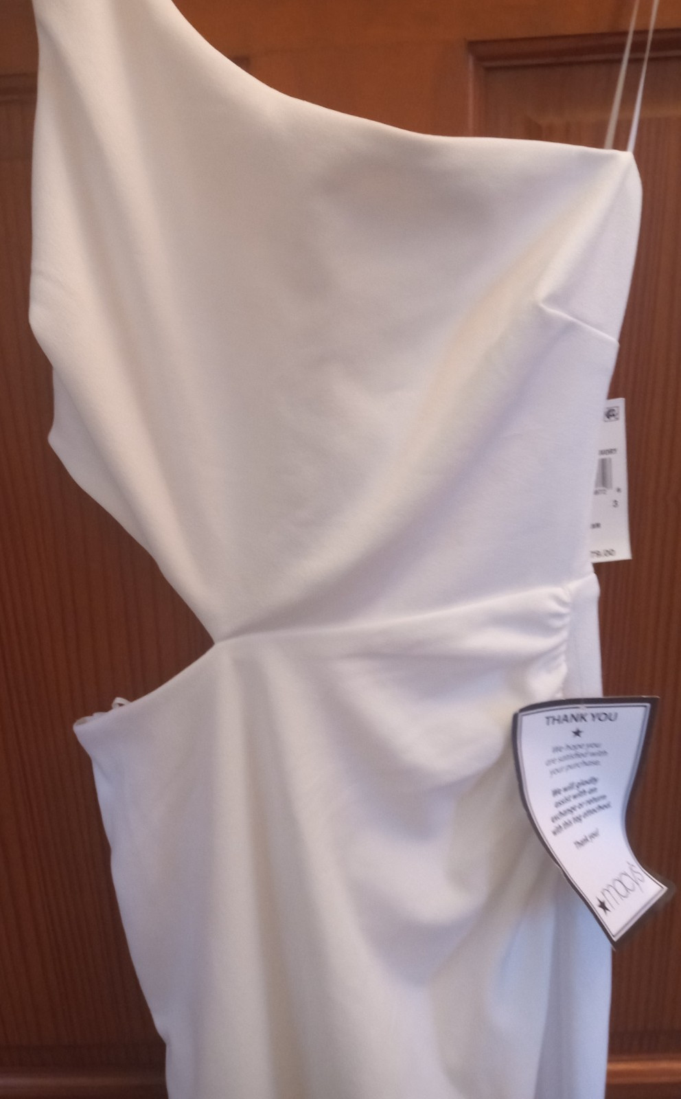 Crystal Doll Juniors’ One-Shoulder Long Gown, Ivory, Size 3, MSRP $79, Cut Out