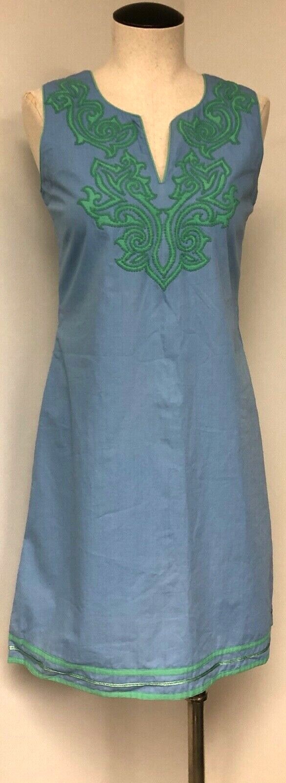 BELLA TU JEANNE D GOPI VAID TUNIC STYLE BLUE W GREEN EMBROIDERY 100% COTTON SZ S