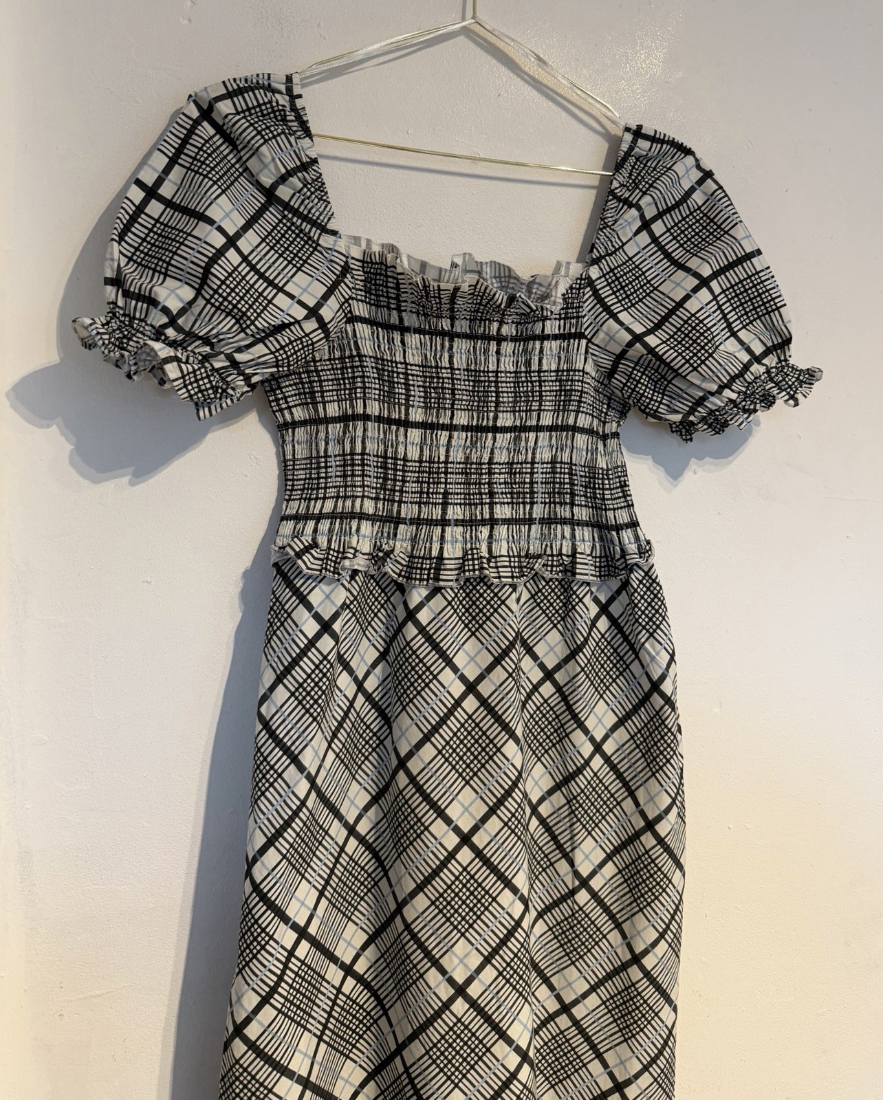 Topshop Maxi Milkmaid Style Smocked Dress Size 12 white blue black checkered