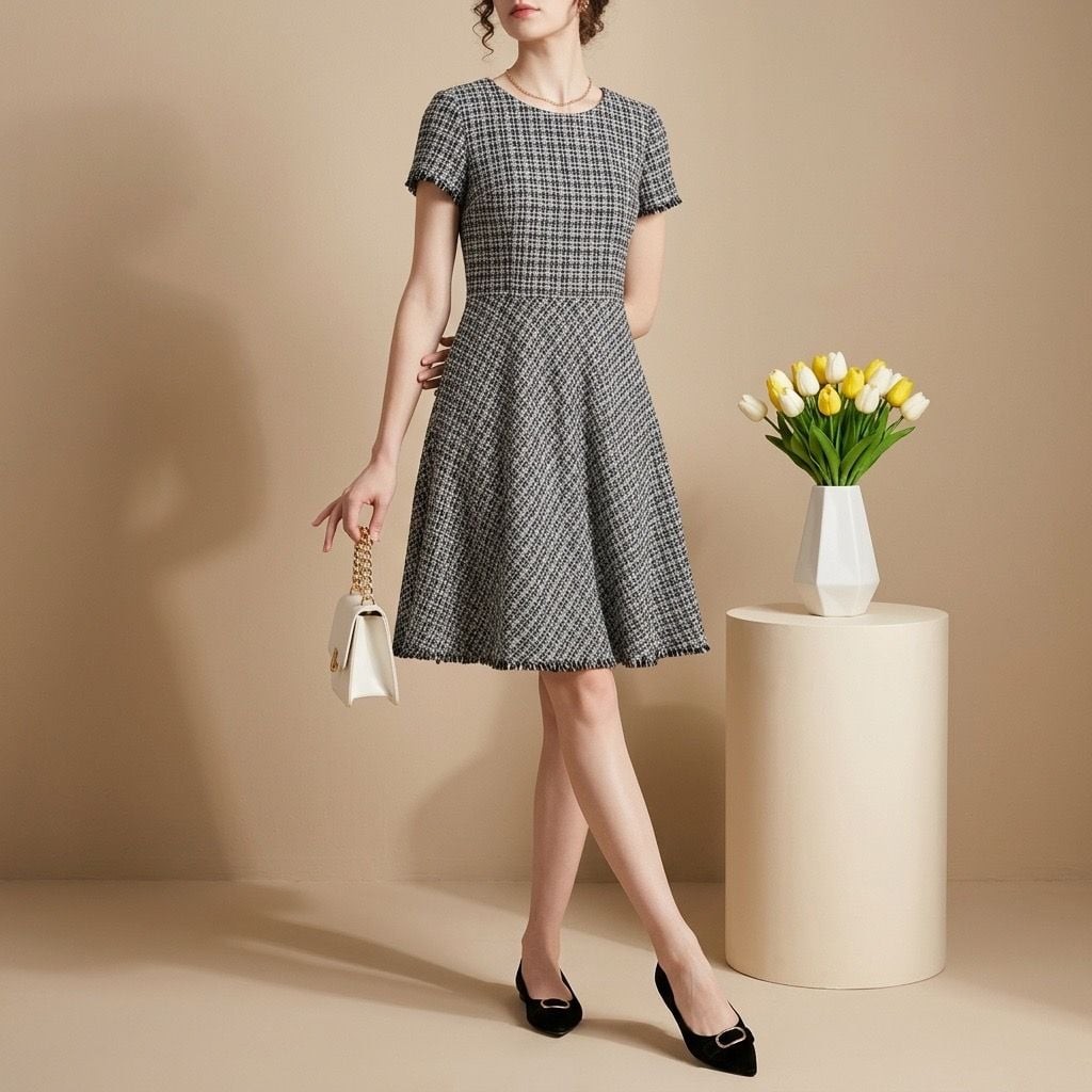 Talbots Women’s Black and White Tweed Fit & Flare Short Sleeve Dress #1086