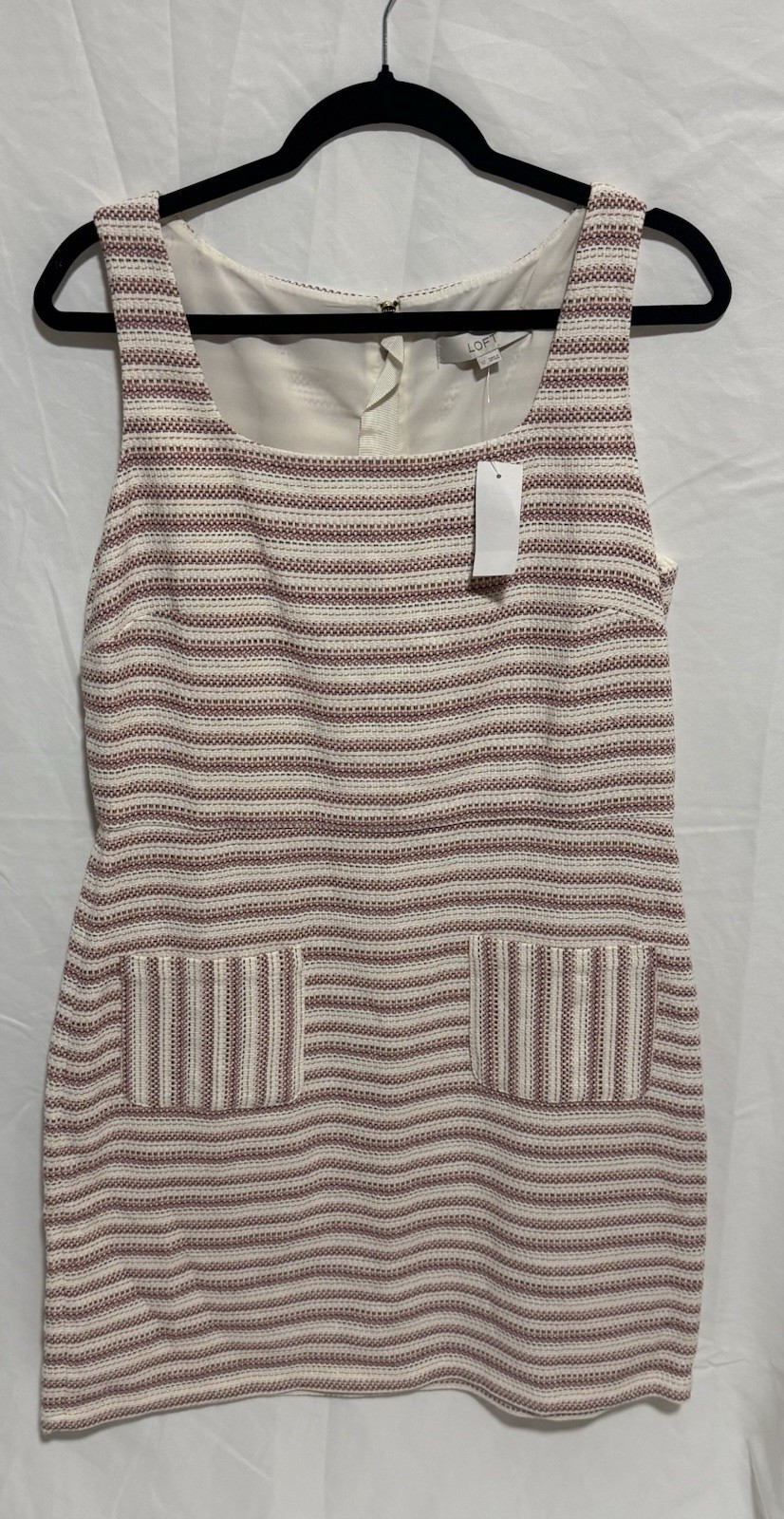 LOFT Ivory Pink Blue Striped Tweed Sheath Dress Square Neck Pockets Zip 12