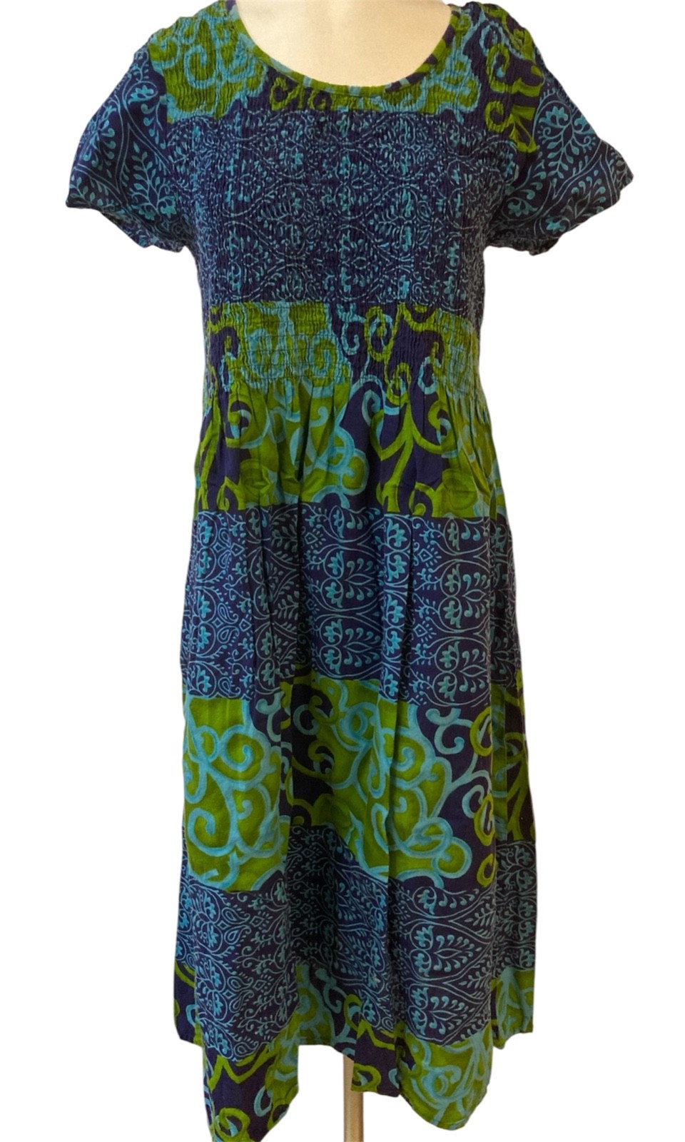 METROPOLITAN Sundress Exotic Print Smocked Bodice Cotton Gathered Size L