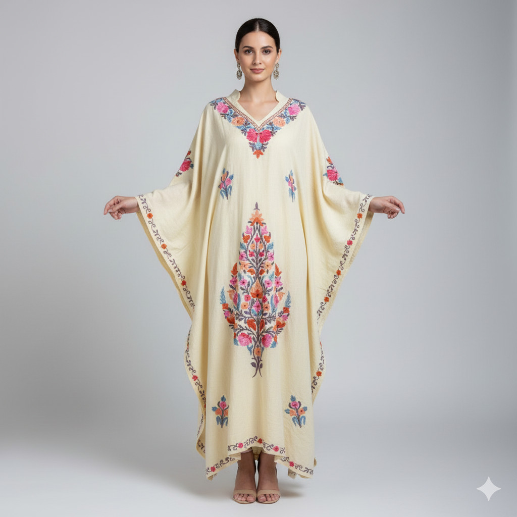 Kashmiri Lemon Yellow Synthetic Beach Kaftan Holiday Boho Kimono Caftan L-51″