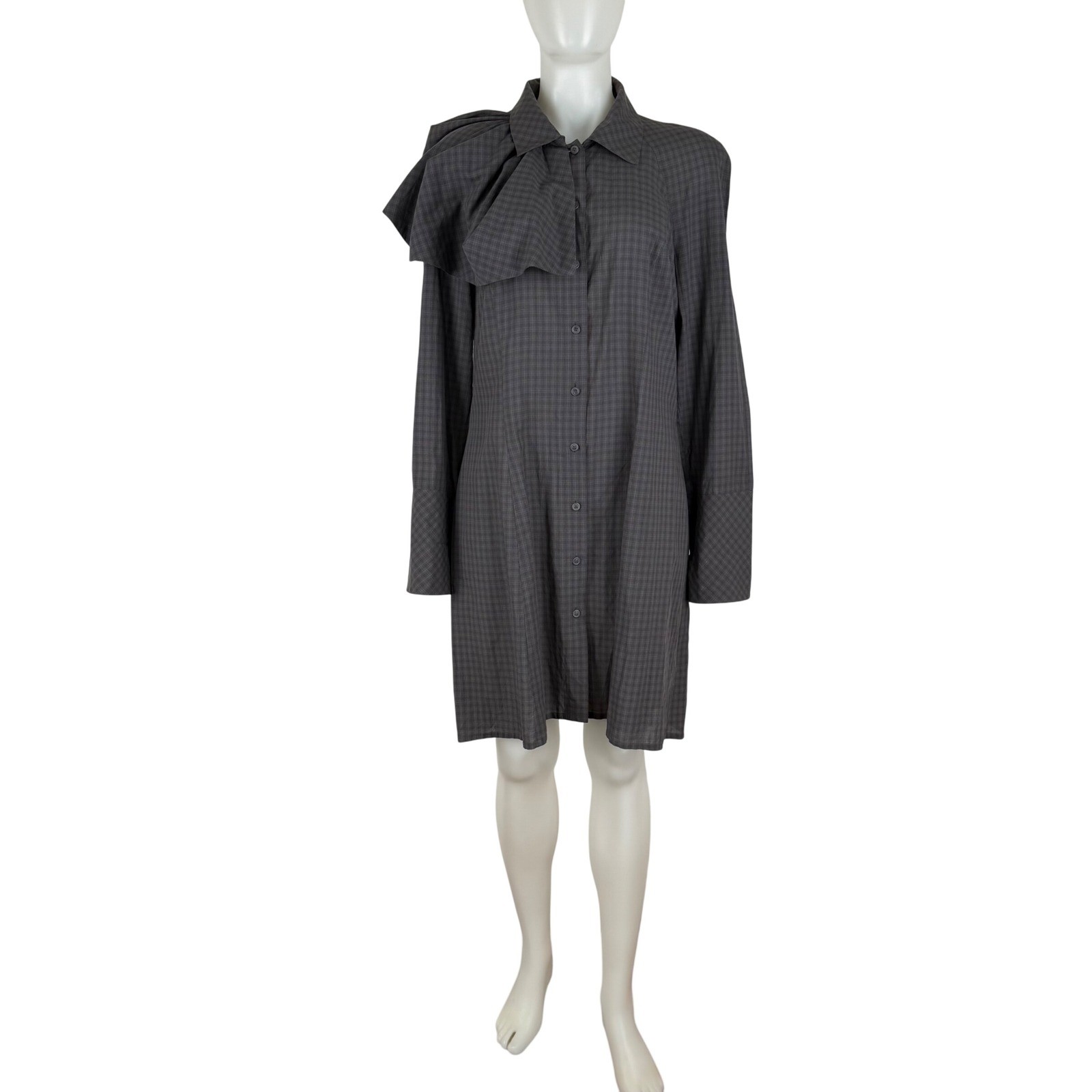 Lilith Grey Plaid Cotton Avant-Garde Bow Shirt Dress Button Back Made in Tunisia