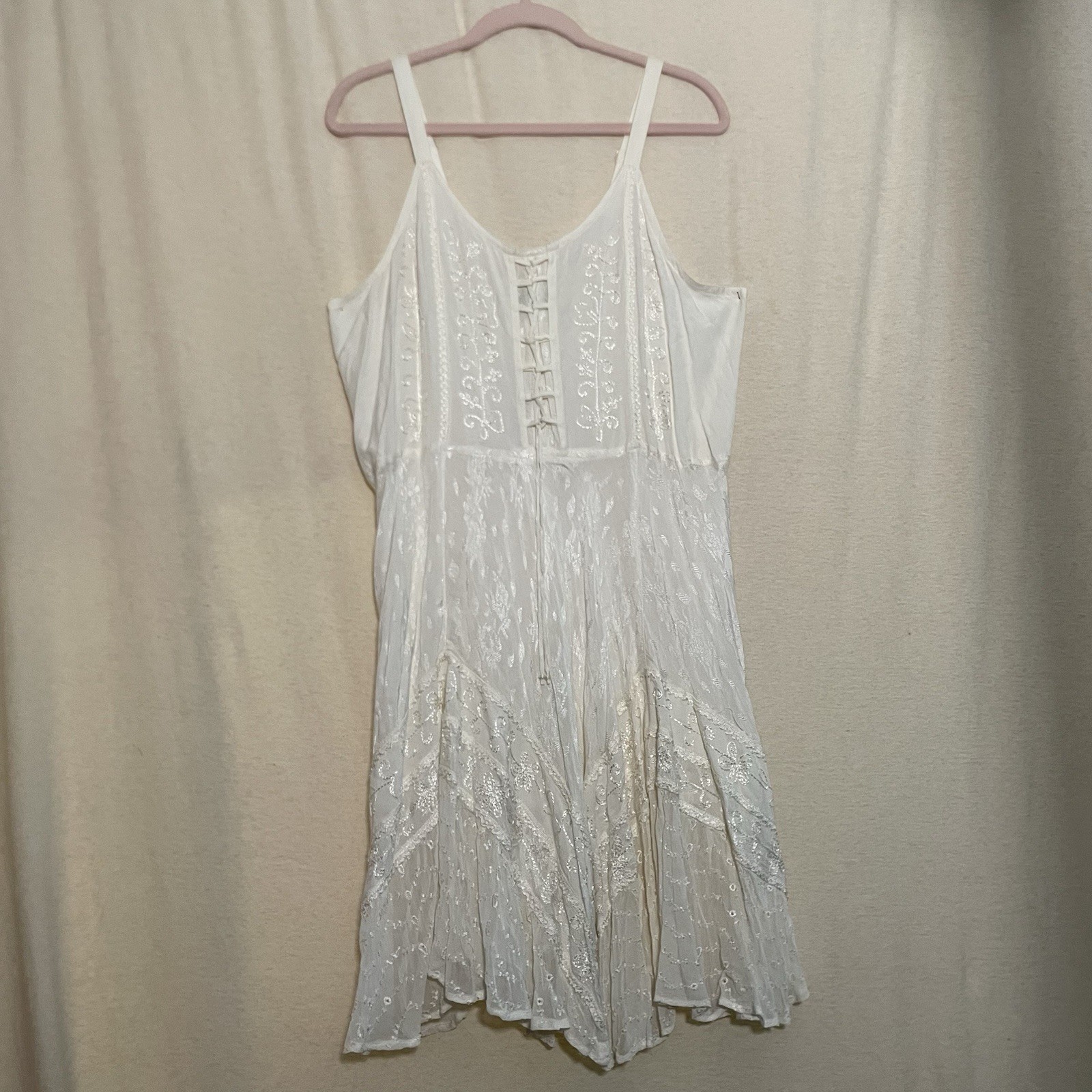 NWT Sundress Ivory Lace Up Corset Boho Dress Embroidered Cottagecore Festival