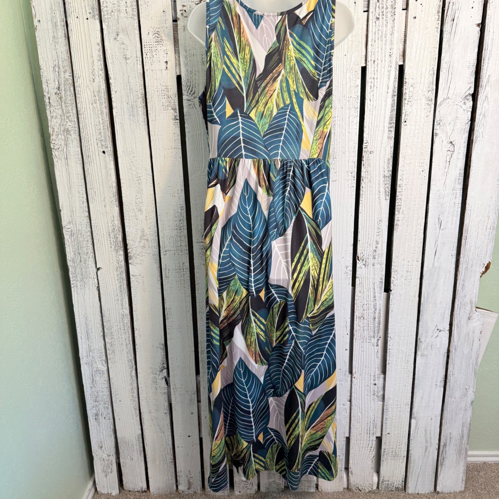 Hount Tropical Palm Leaf Maxi Dress L Sleeveless Pockets Beach Vacation Resort