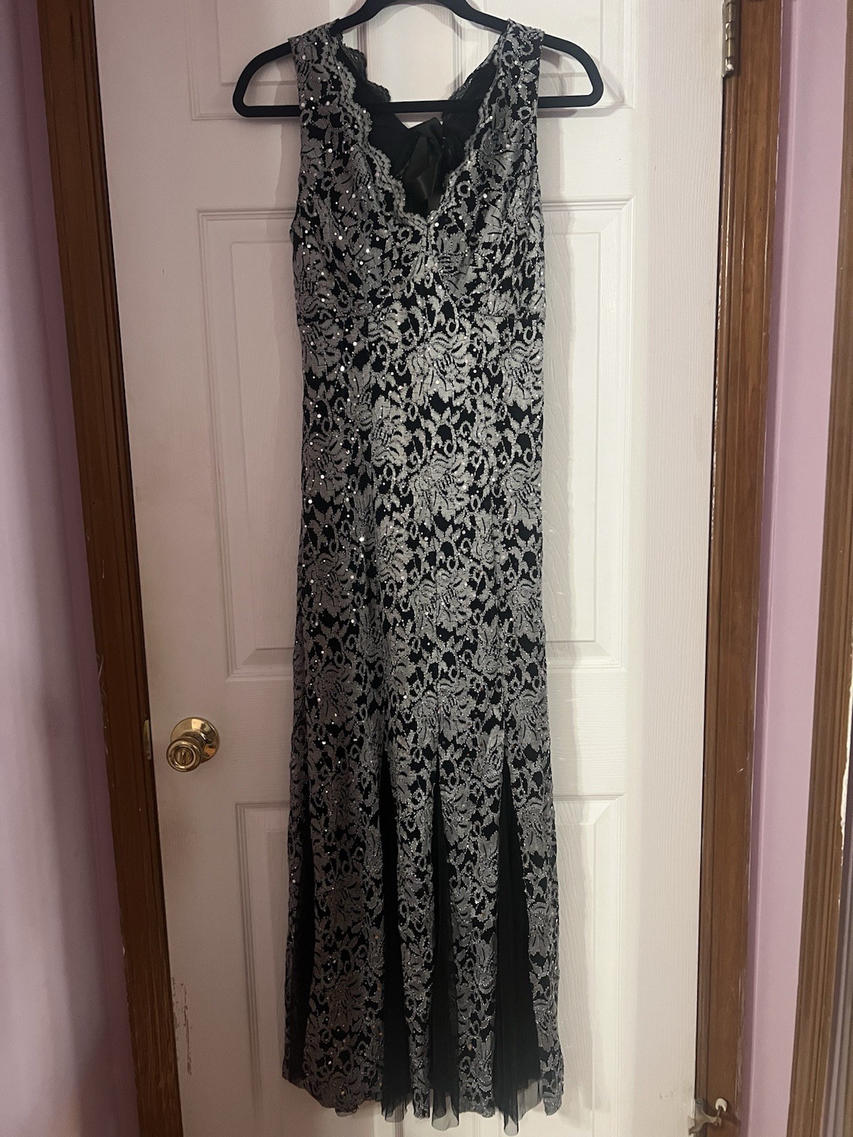 Silver Lace Sequin Floral Long Gown Dress Sleeveless V-Neck Bow Women Size S