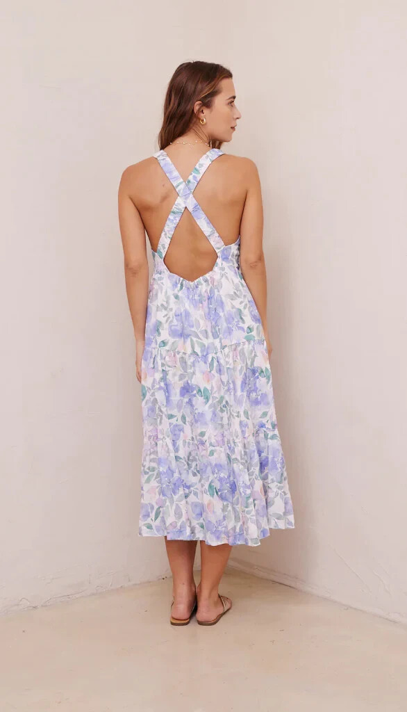 BELLA DAHL Scrunch Strap Tiered Midi, Peri Jardin, Size M $238
