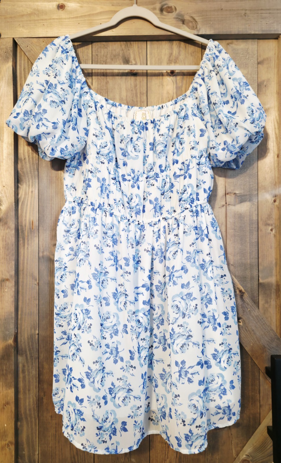 Simply Southern White/Blue Floral Mini Dress Square Neck Smocked Puff Sleeve L