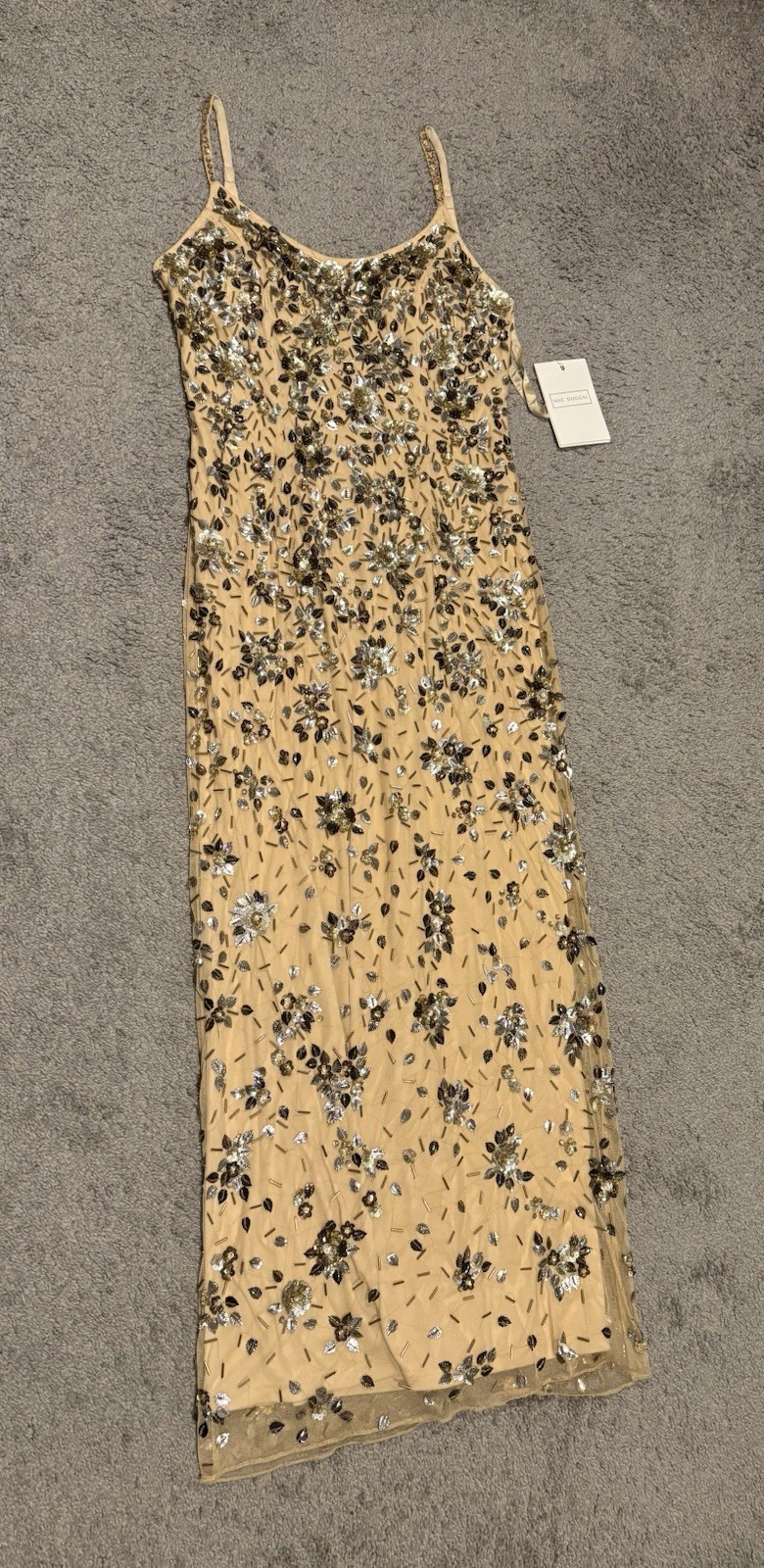 Mac Duggal New Beige Gold Embellished Scoop Neck Evening Gown Size 10 5477