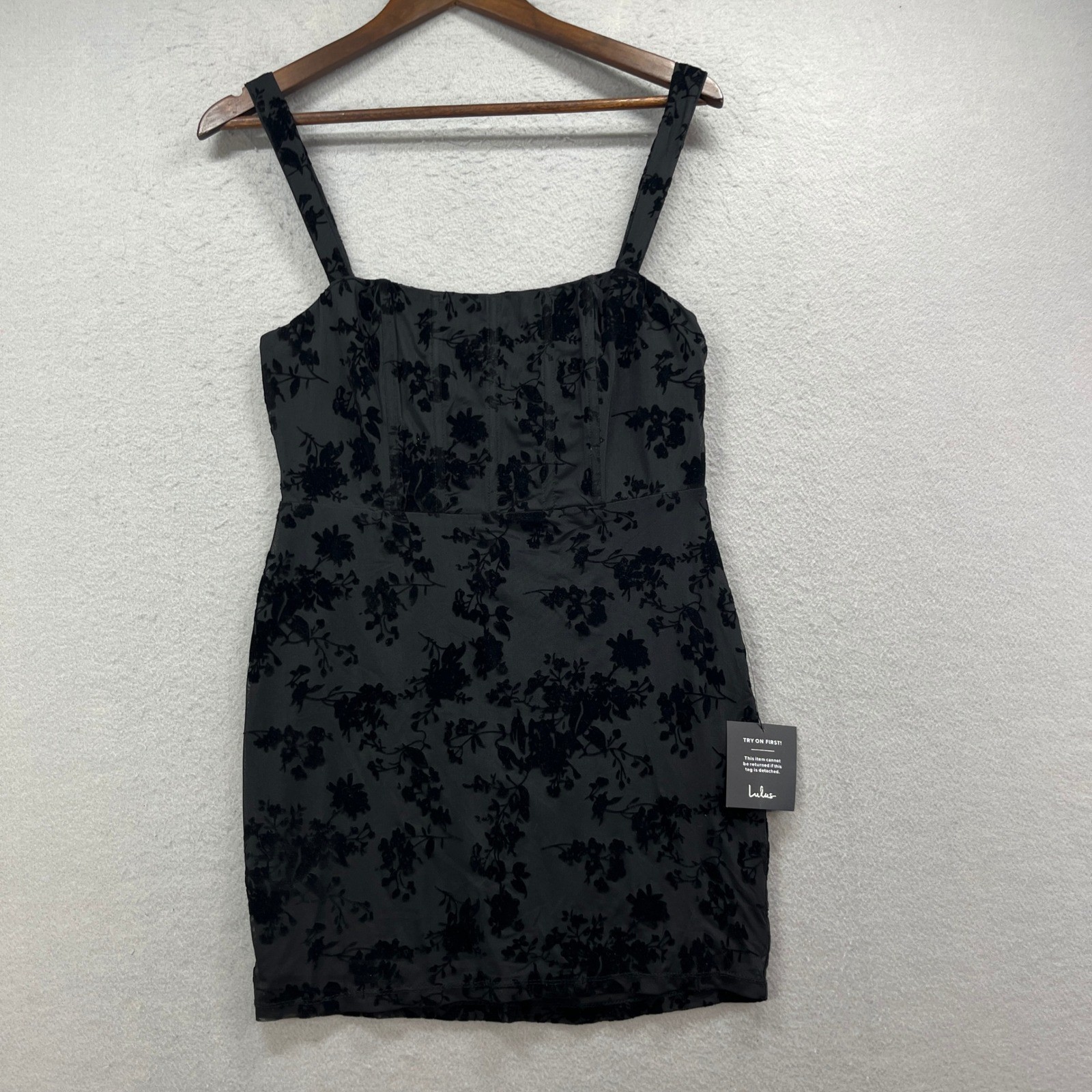 Lulus Mini Dress Womens M Black Velvet Floral Bodycon Romantic Cocktail Party