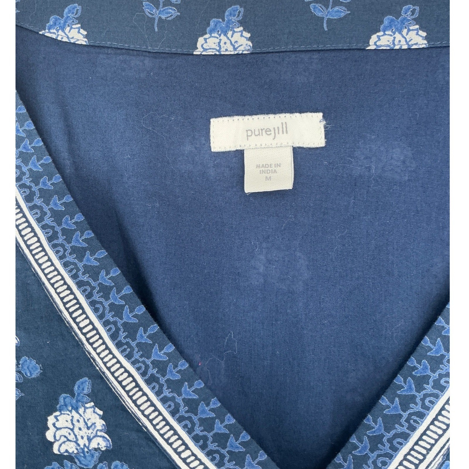 Pure Jill Maxi Dress Womens Medium Blue Floral Cotton Block Print Boho Pockets
