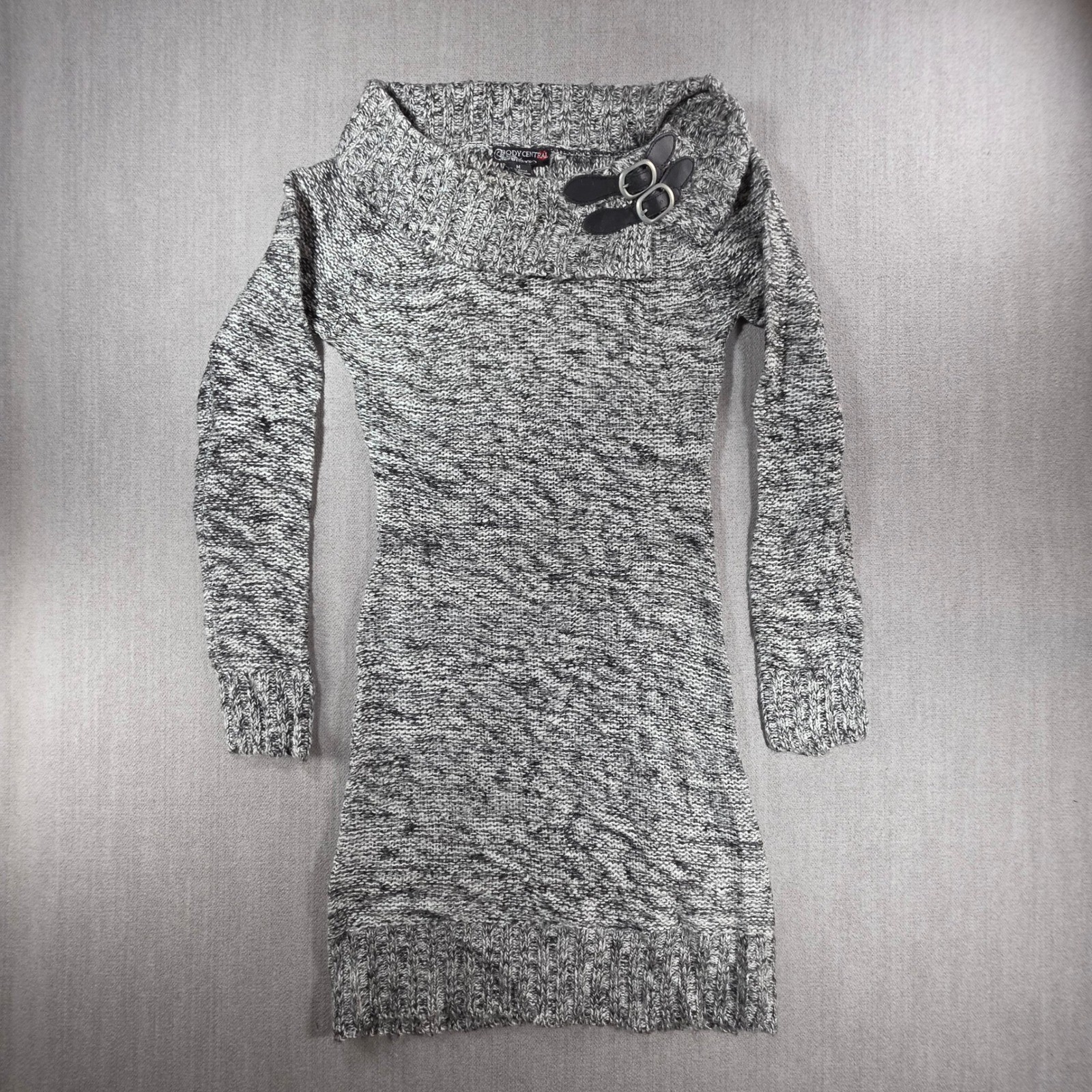 Body Central Sweater Dress Women M Grey Marled Cowl Neck Faux Leather Buckle