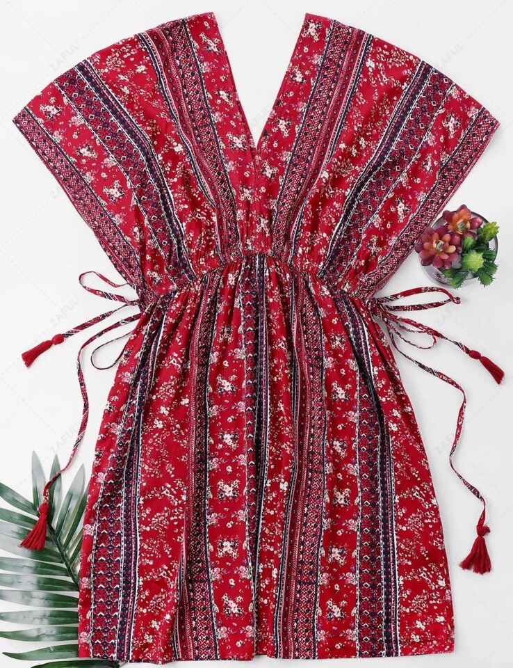 High Waist Printed Bohemian Red Dress size S+FREE SHIPPING+US SELLER