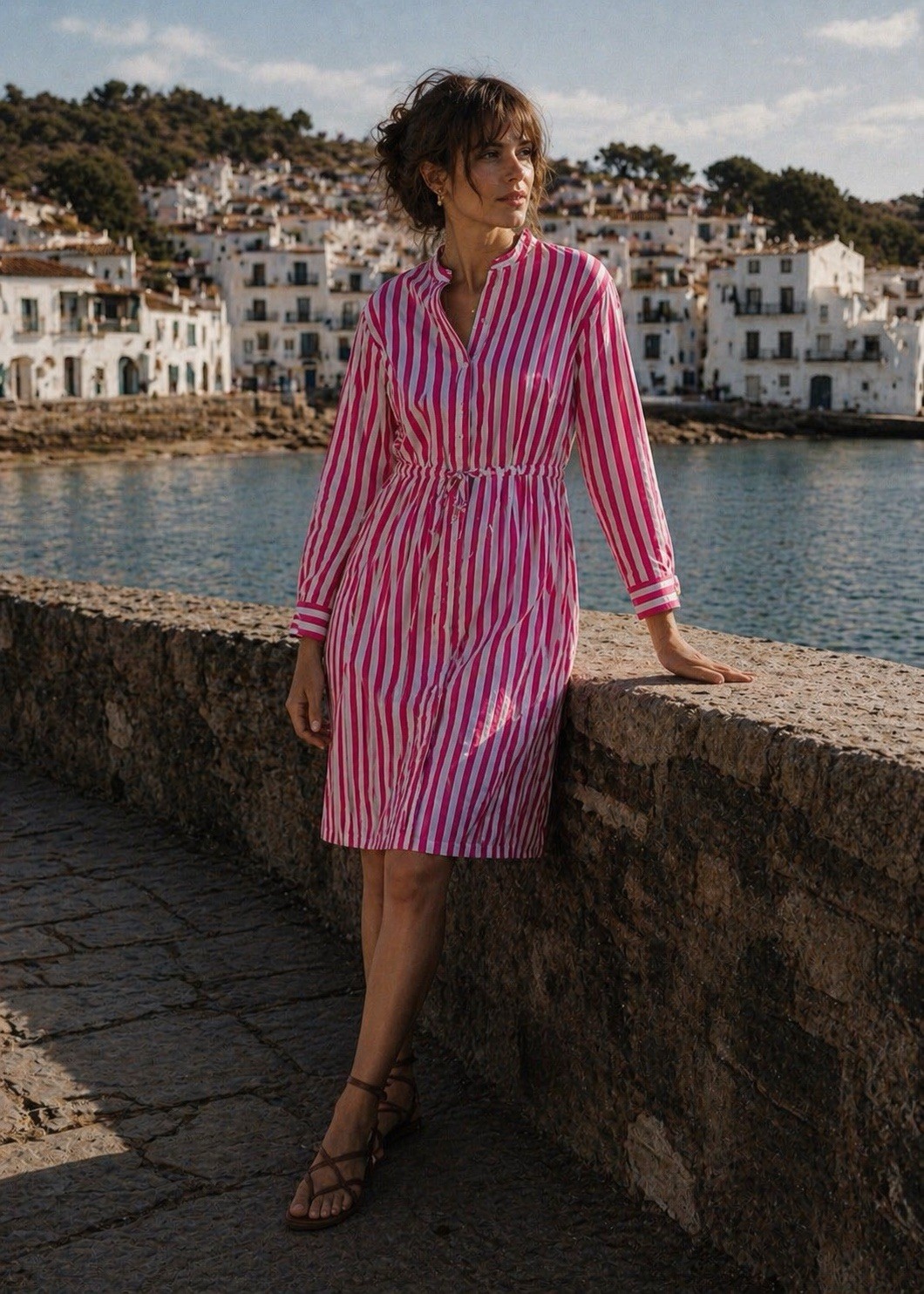 0039 Italy Pink And White Stripe Cinch Waist Long Sleeve Shirt Dress Dress