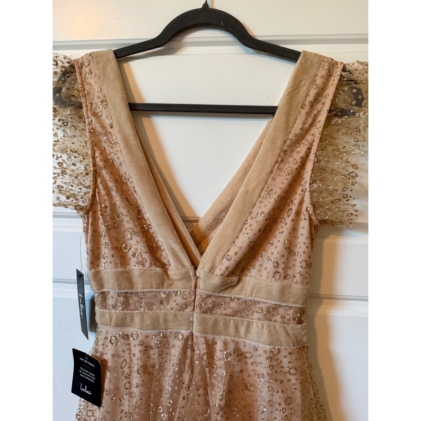 Lulus Champagne Gold Glitter Tulle Tiered Mini Dress Small Fairycore Glam