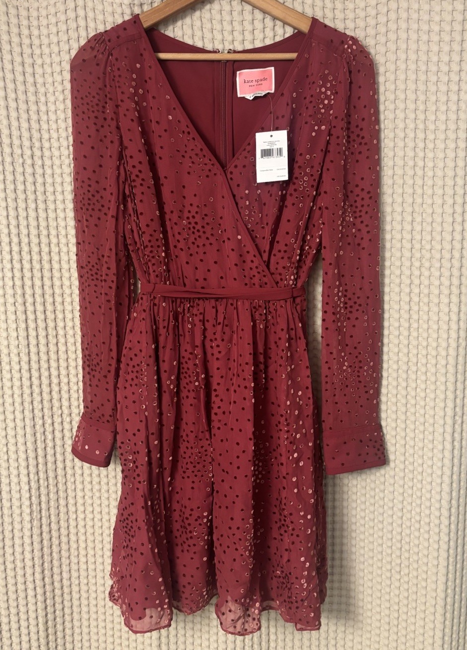 NWT Kate Spade Maroon Festive Confetti Devore Long-Sleeve Mini Dress Size 6