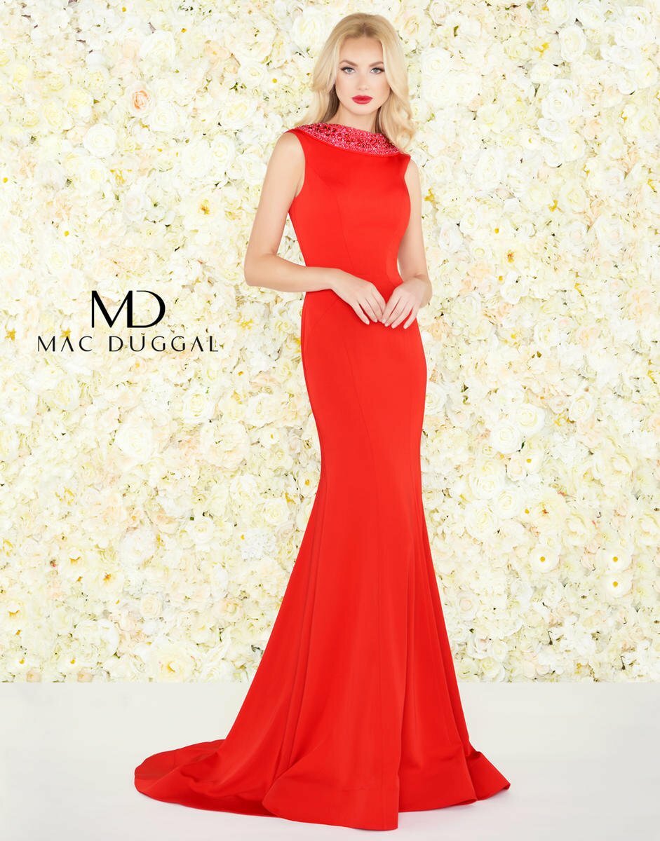 MAC DUGGAL 12094R Red Beaded Jeweled Neckline V-Back Mermaid Gown w/ Train 14 XL