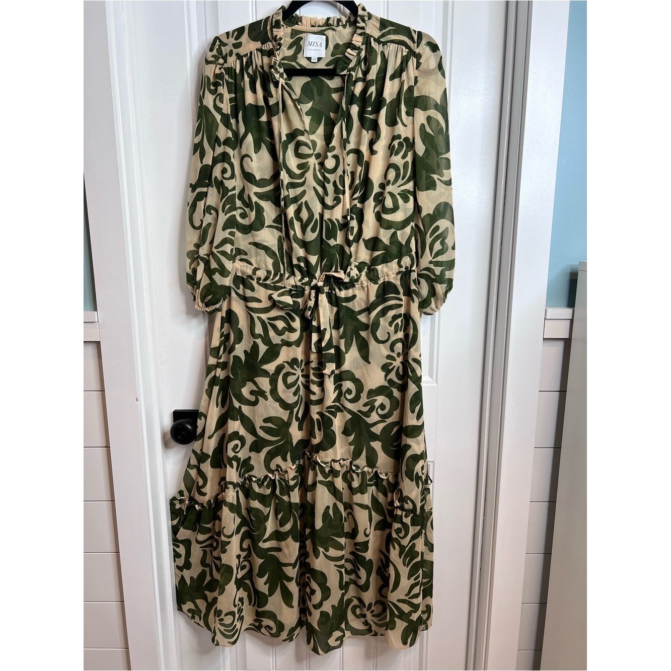 MISA Los Angeles Beige and Green Tonal Cactus Tassel Tie Floral Maxi Dress. XS.