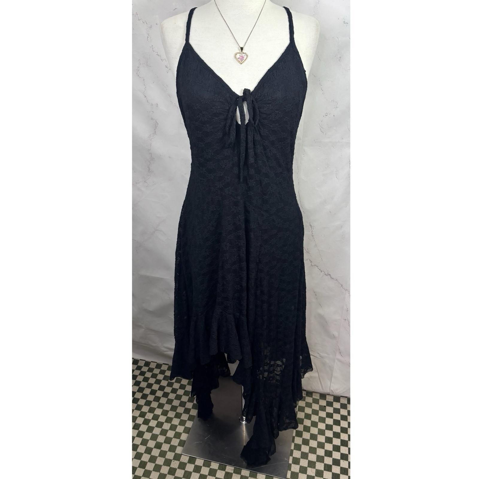 Y2K Lace Handkerchief Dress Black Gothic Dark Fairy Romantic Whimsigoth Sz M