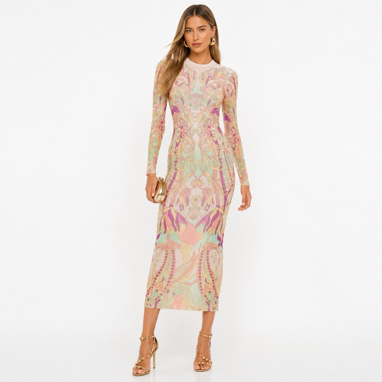 Revolve Affrm Siri Long Sleeve Mesh Pastel Swirl Dress XL