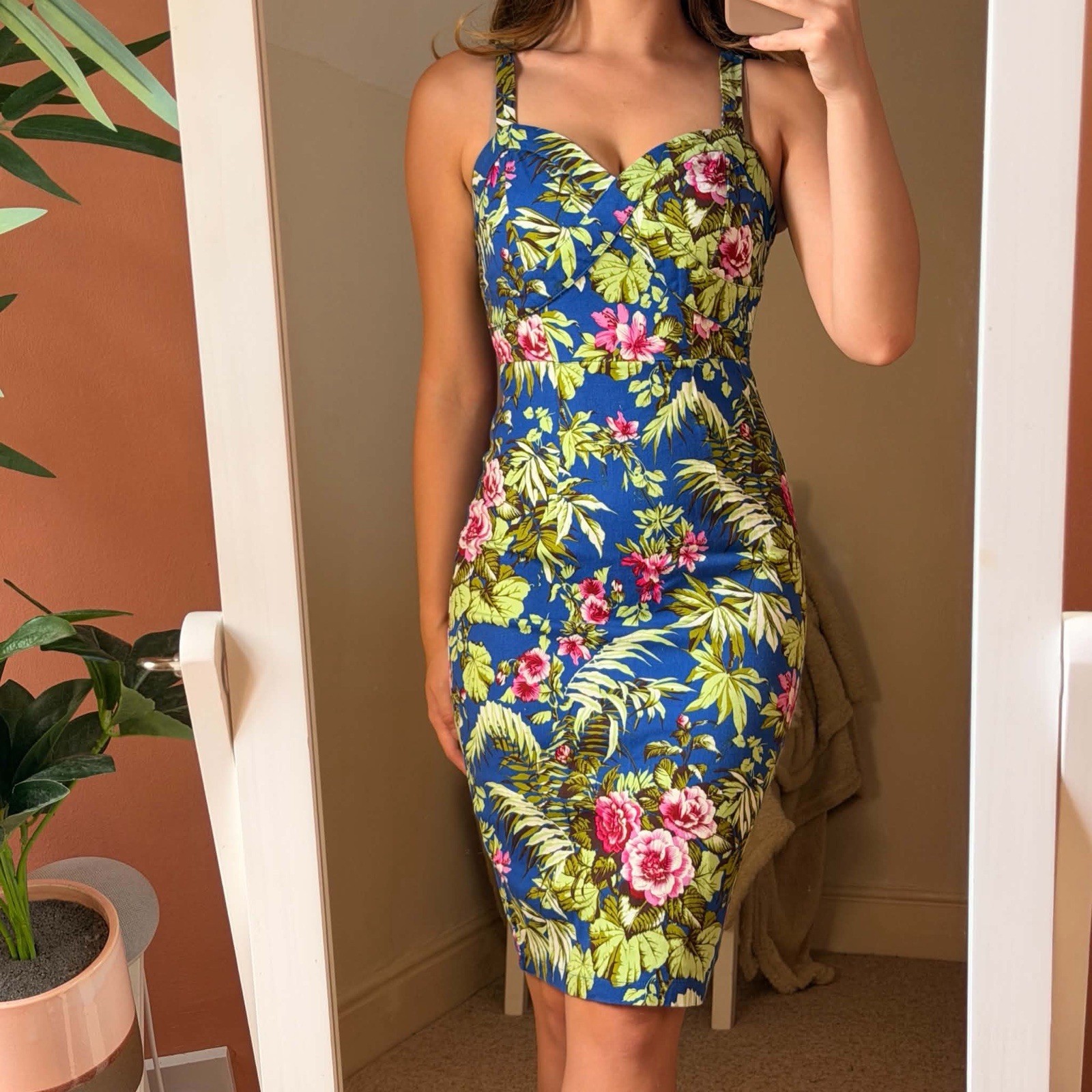 Lindy Bop Blue Tropical Floral Pencil Dress Size 8 Vibrant Adjustable Straps