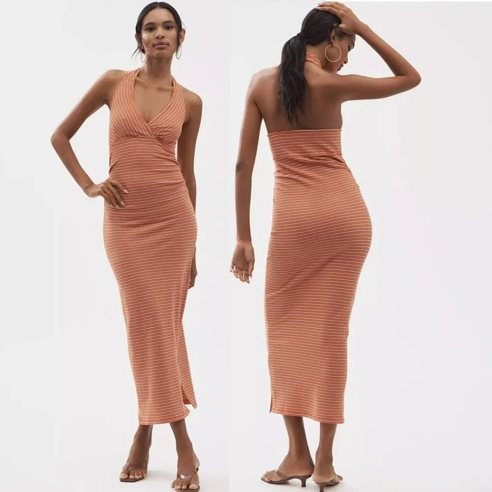 Anthropologie High Tide Halter Slim Midi Dress in Orange Stripe By Pilcro NWT