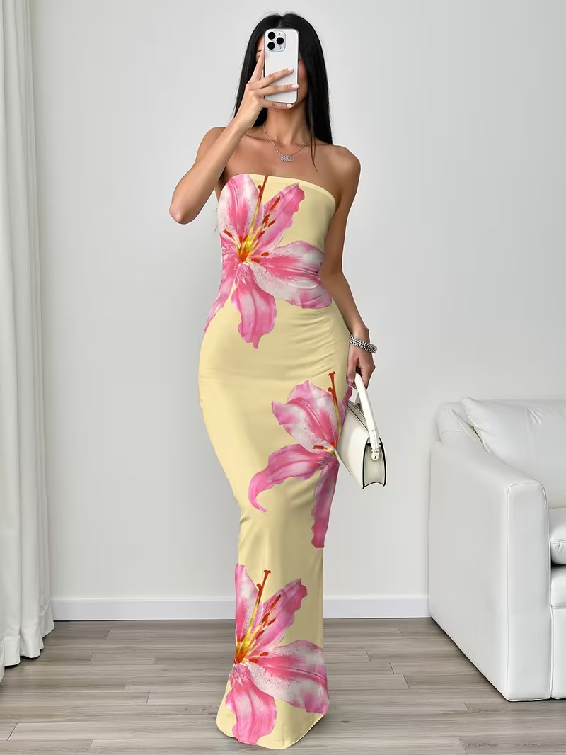NEW Med. Elegant Sleveless Ruched Soft YELLOW Maxi Dress w Pink & White Flowers