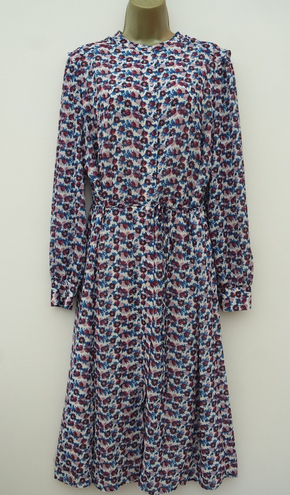 LA REDOUTE IVORY BLUE PURPLE FLORAL LONG SLEEVE MIDI TEA DRESS SIZE 16