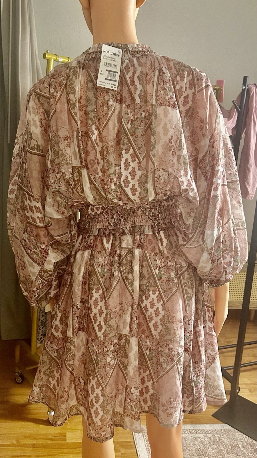 Melloday Blush Sage Geometric V-Neck Smocked Fit & Flare Mini Dress S