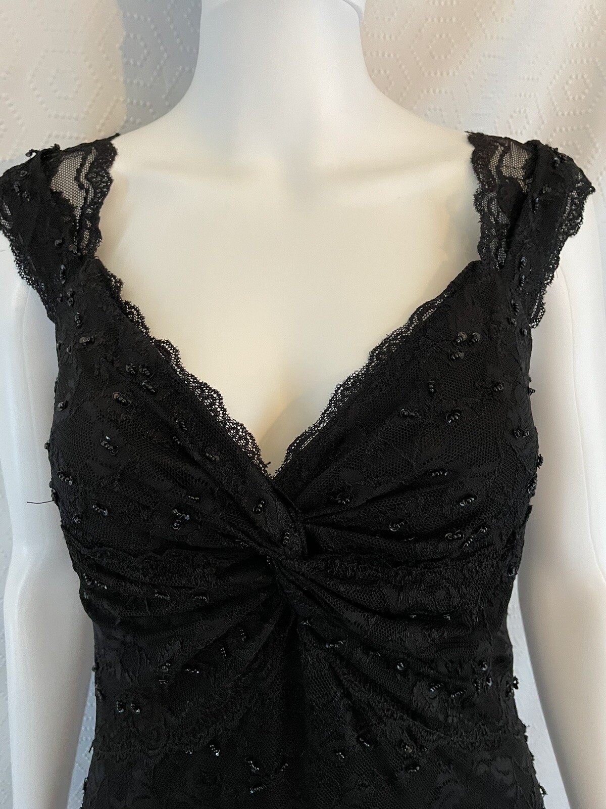 Marina Floral Lace Sequin Black Fitted Cocktail Dress Womens 4 Beaded
