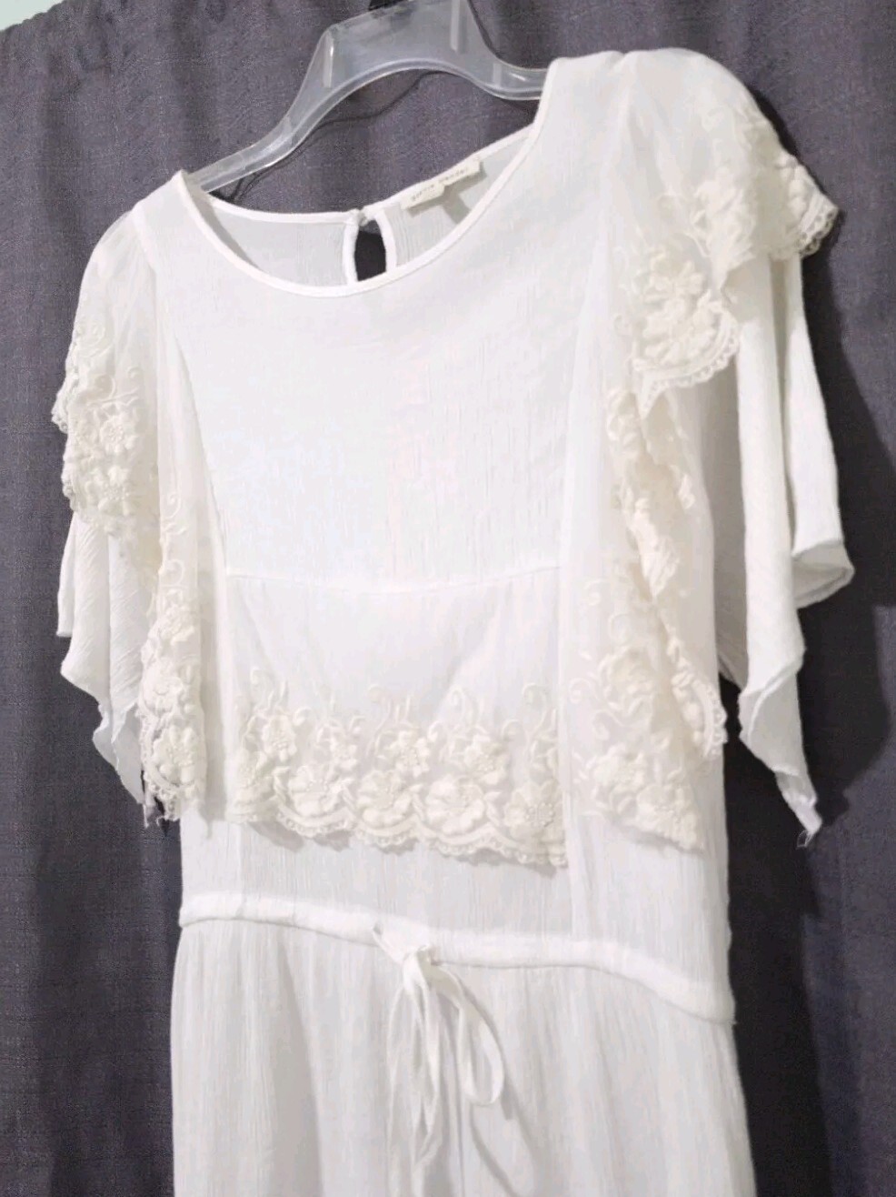 NEW Stevie Hender sz MEDIUM Romantic Lace Smock Dress Ivory Crinkle Short Sleeve