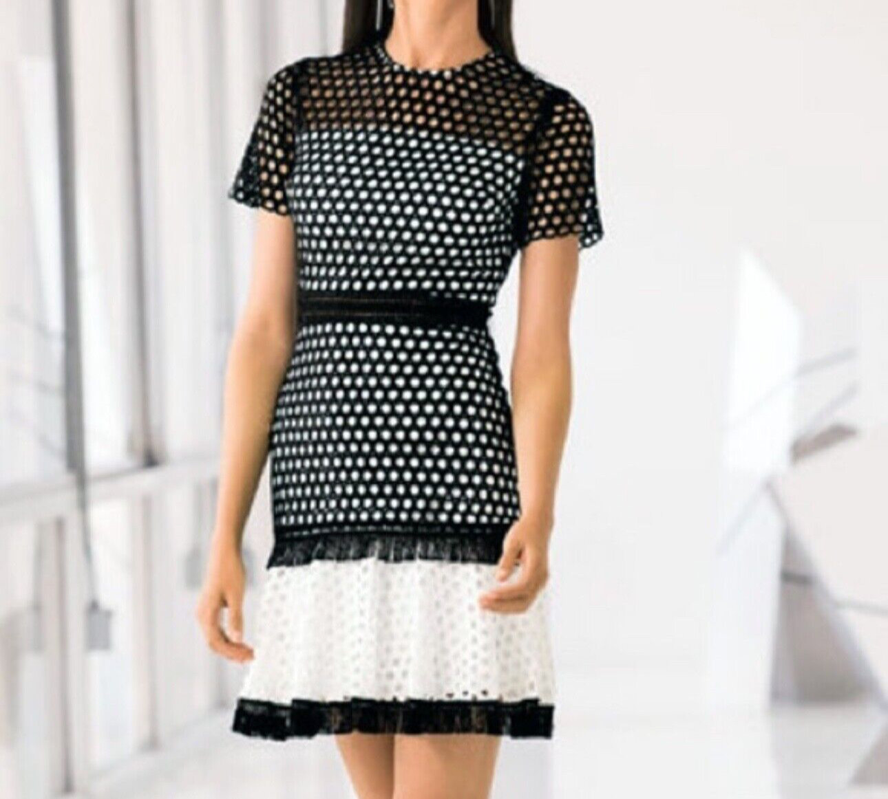 INA women size L Crochet Lace pattern Mini Dress White & black fringe ruffle zip