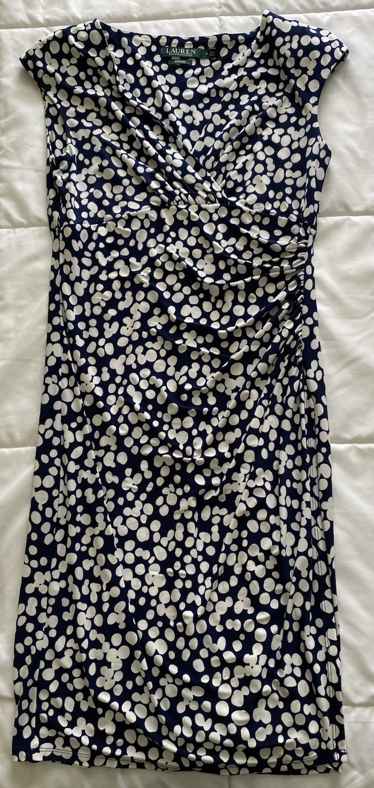 Ralph Lauren Surplice Faux Wrap Dress Navy White Polka Dot Capsleeve Ruched 6