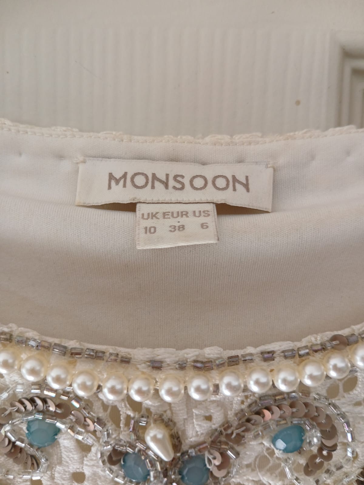 Monsoon Ivory Lace Shift Dress Beaded Sequin Pearl Round Neck 3/4 UK 10