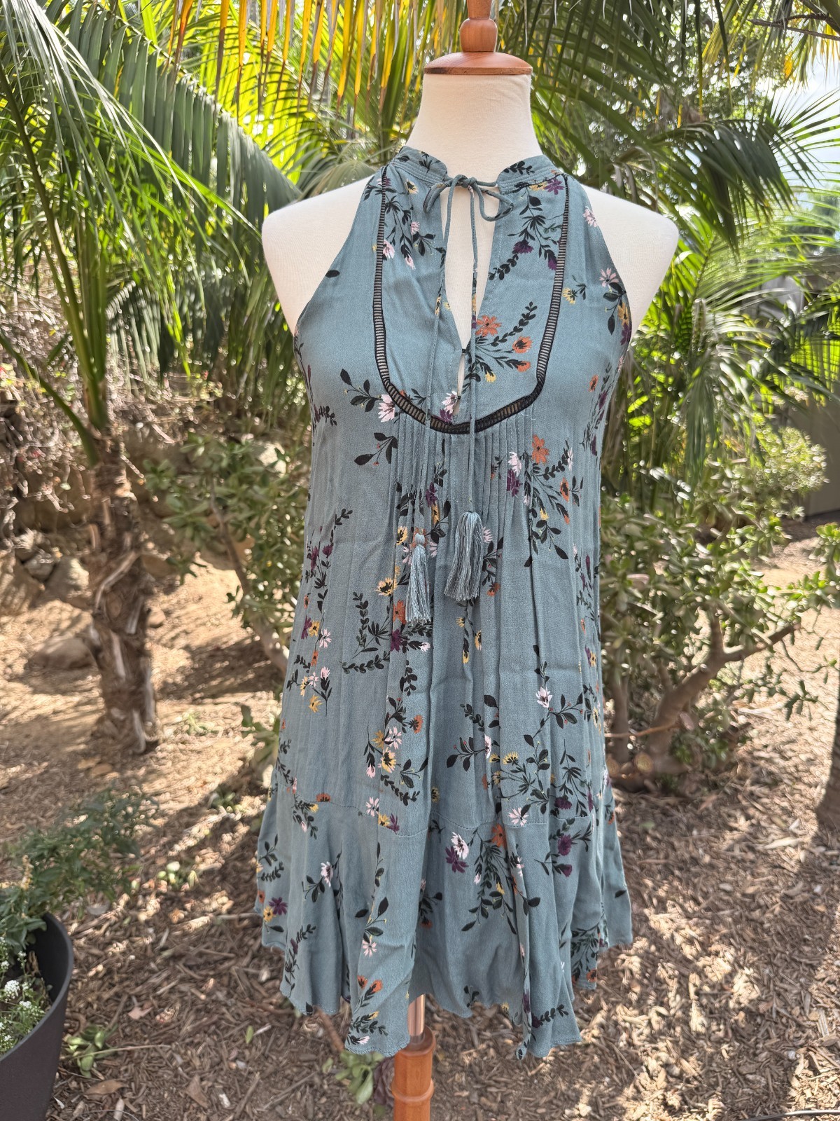Olivaceous Boho Floral Halter Babydoll Mini Dress Size S Teal-Gray Cottagecore