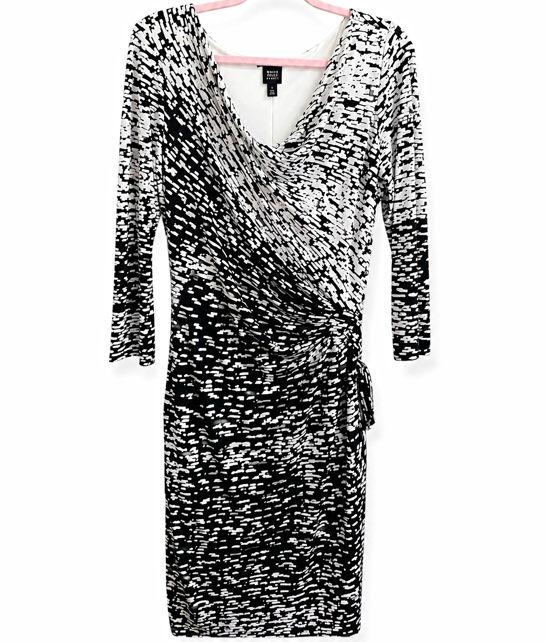 Lauren Ralph Lauren Black White Abstract Wrap 3/4 Sleeve Knee Dress 14W