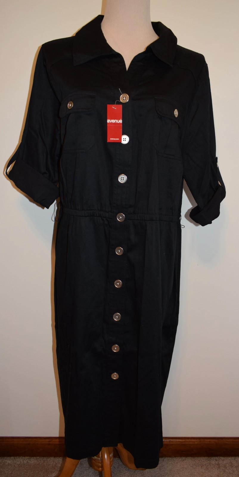 New Womens Avenue Shirt Dress 20 Black Button Front Roll Tab Sleeve