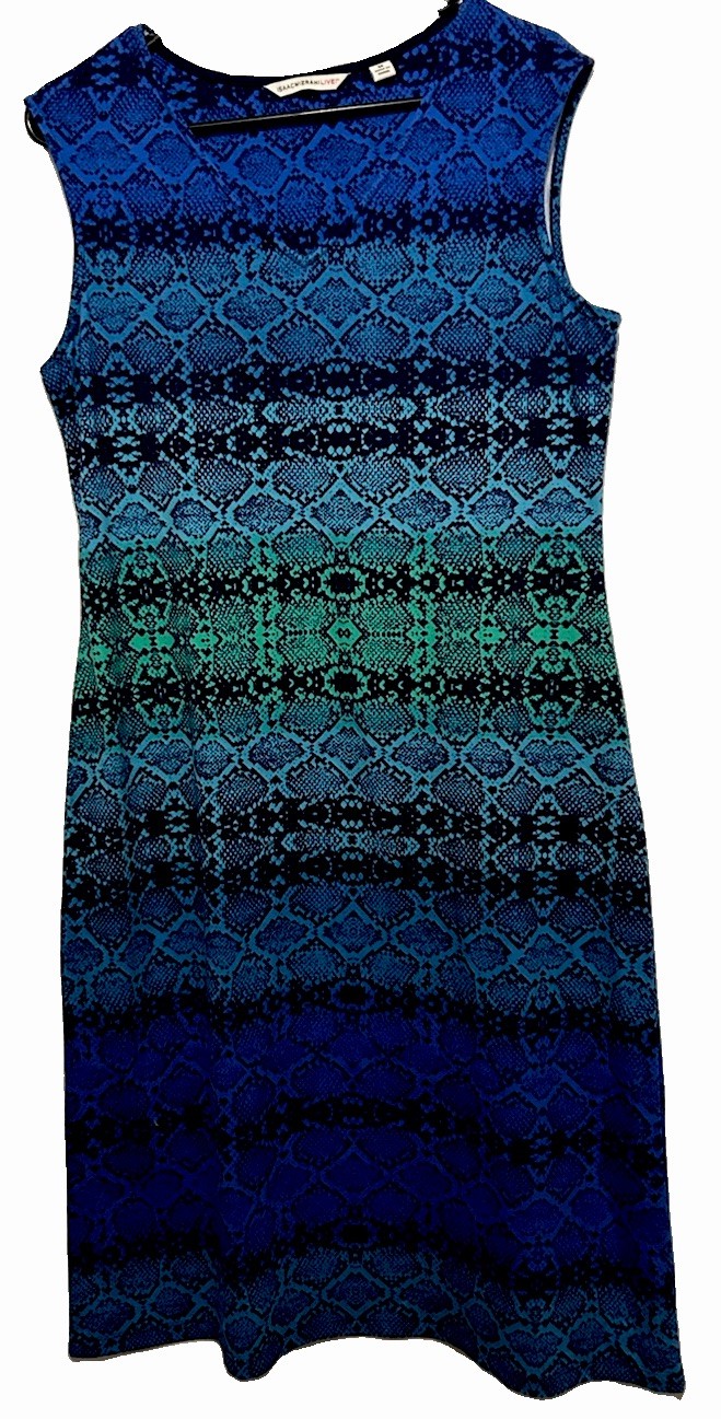 Isaac Mizrahi Live Dress M Blue Reptile Snake Animal Print Shift Sheath Stretch