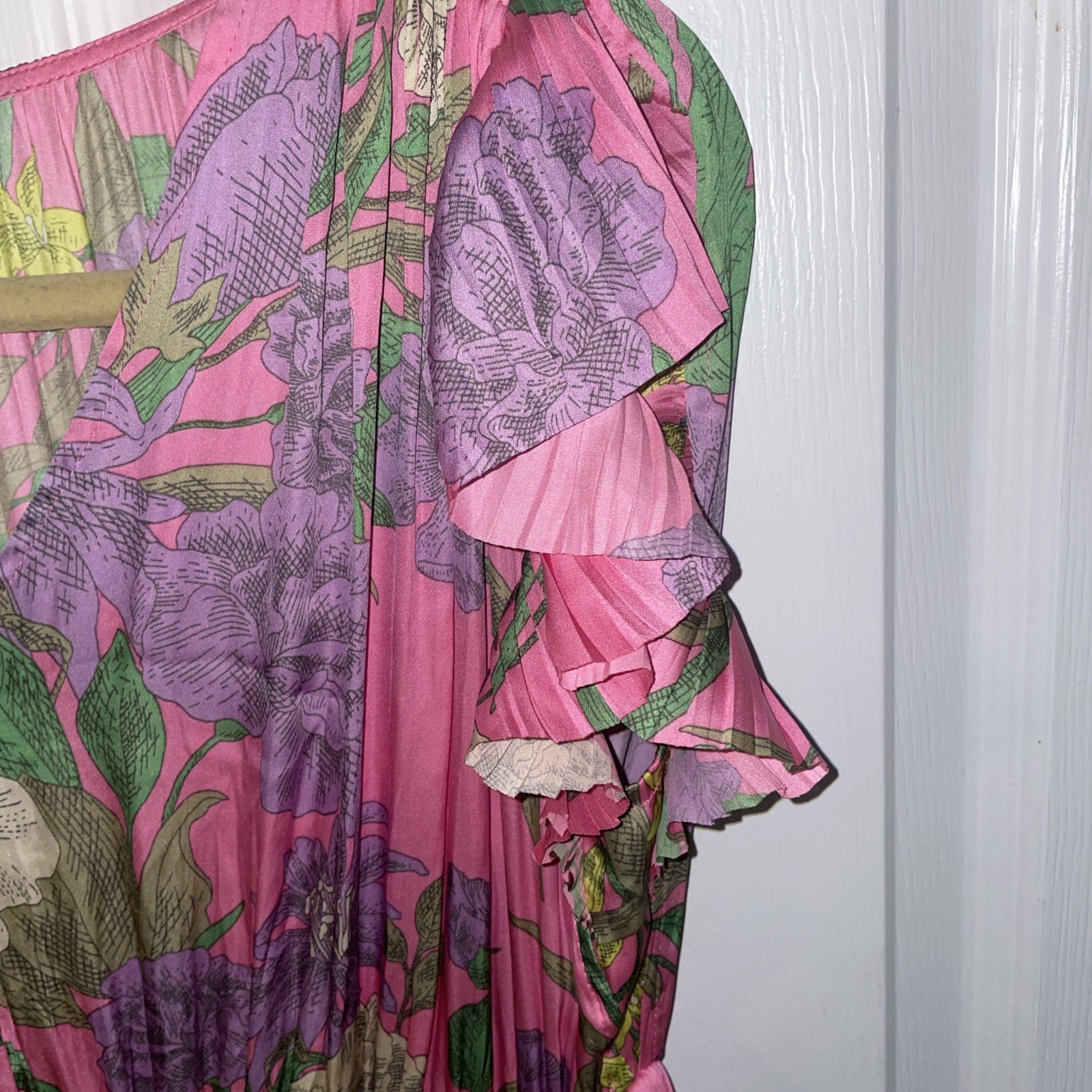 Current Air Anthropology, Botanical Motif Midi Dress Green Pink Floral – Sz M