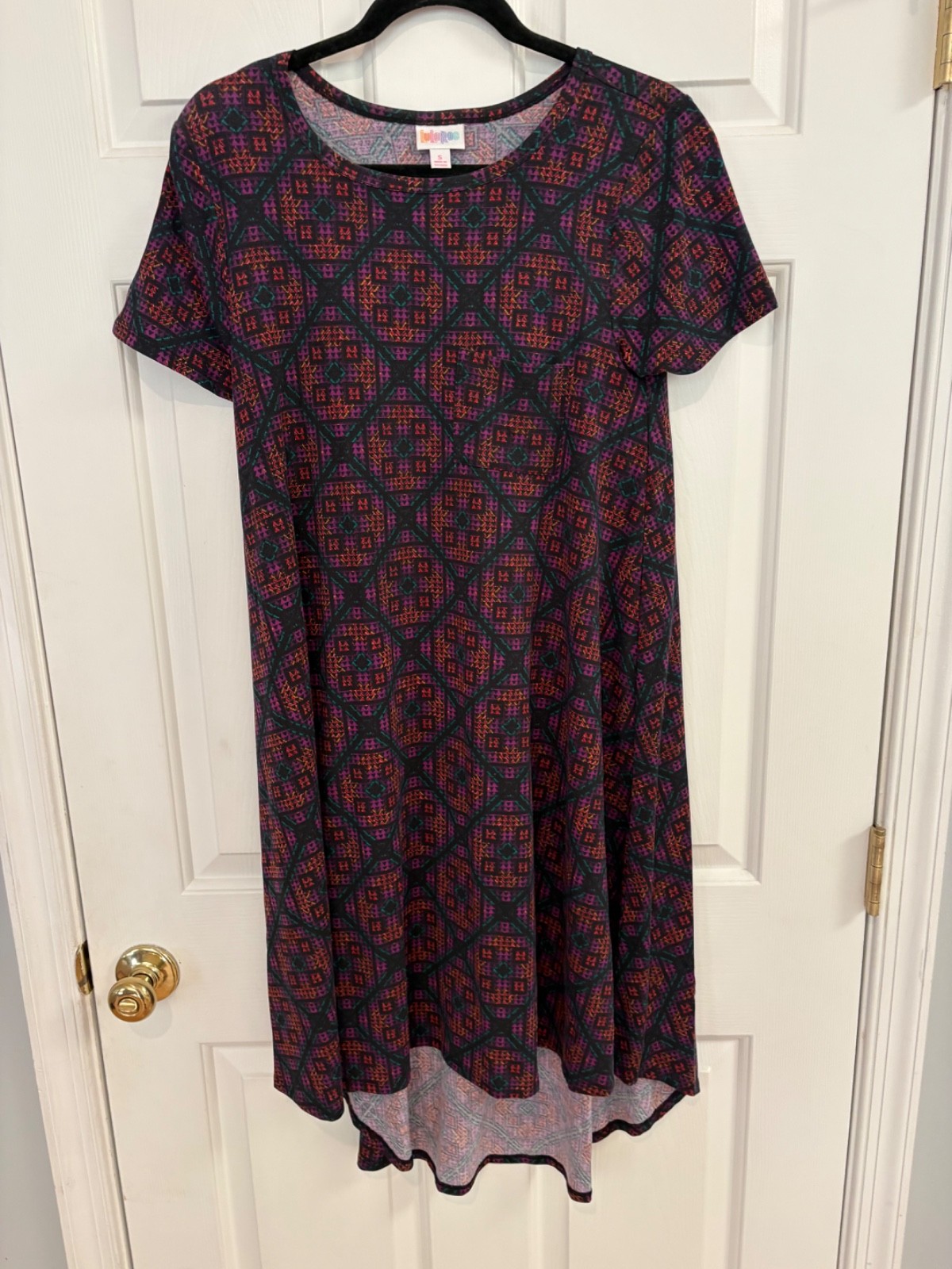 LuLaRoe NWT Carly dress S (4-6); Southwestern-inspired geometric; black bckgrnd