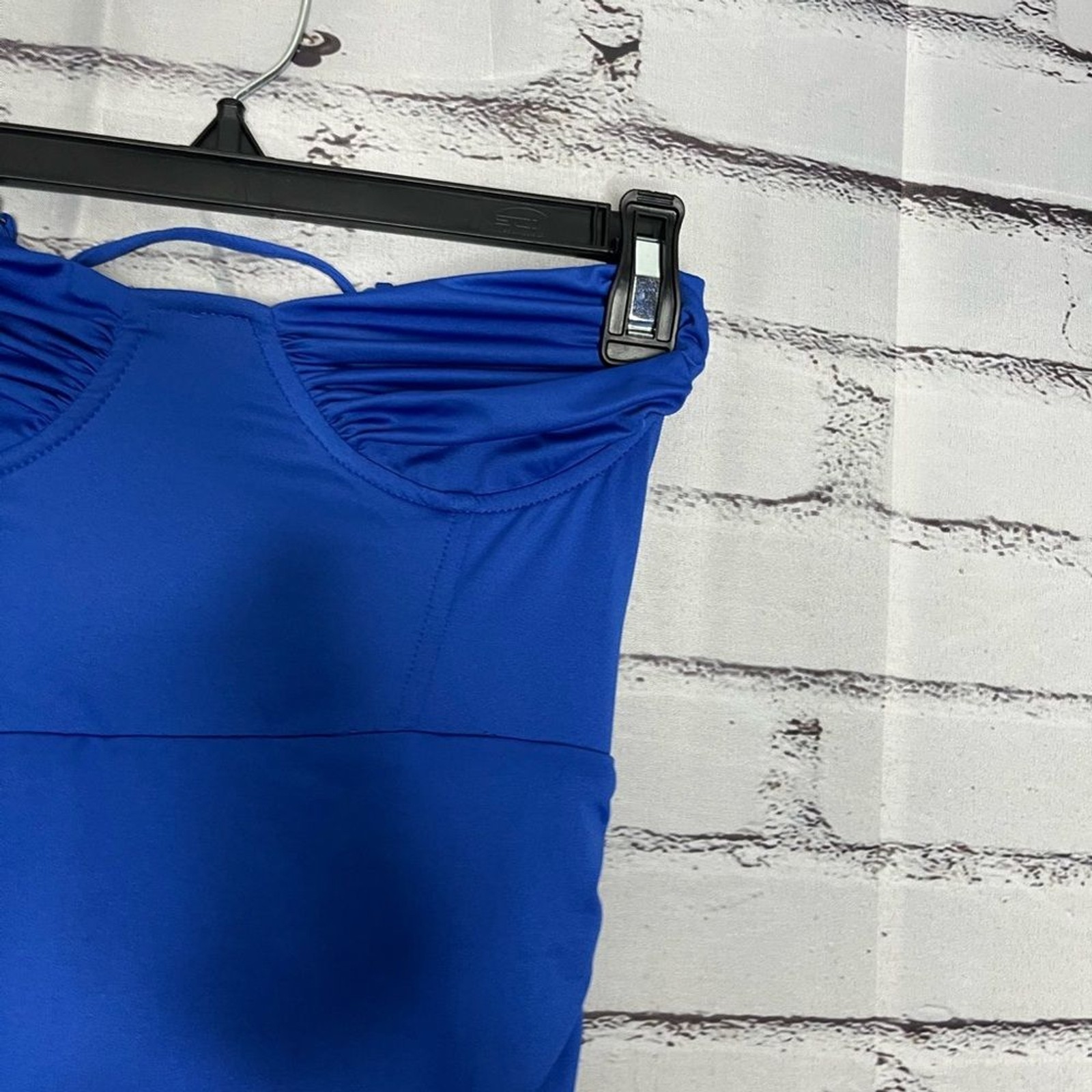 Lucy in the Sky Strapless Dark Blue Dress SZ S Tie Back Ruffled Sheath Designer