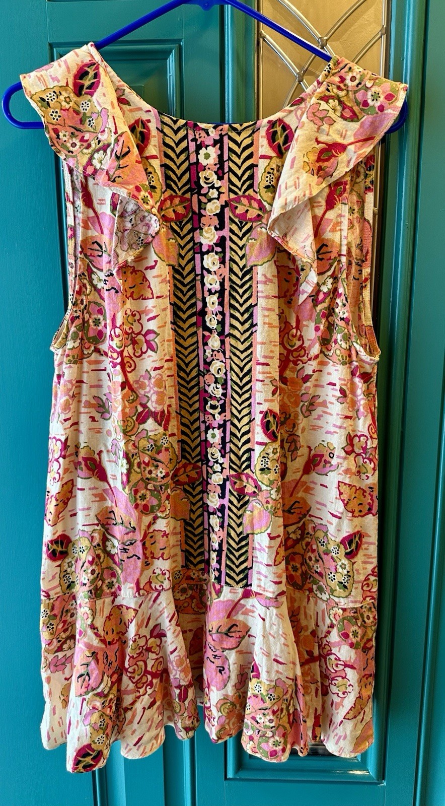 Free People Linen Blend Mini Dress Pink Floral Boho Open Back Tulum Ruffle Sz M