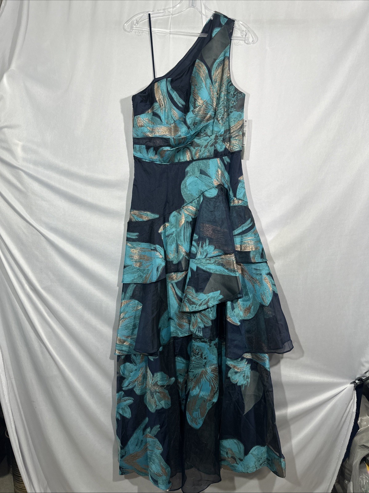 NWT Aidan Mattox [ 10 ] One Shoulder Tiered Ruffle A-Line Metallic Gown J2006