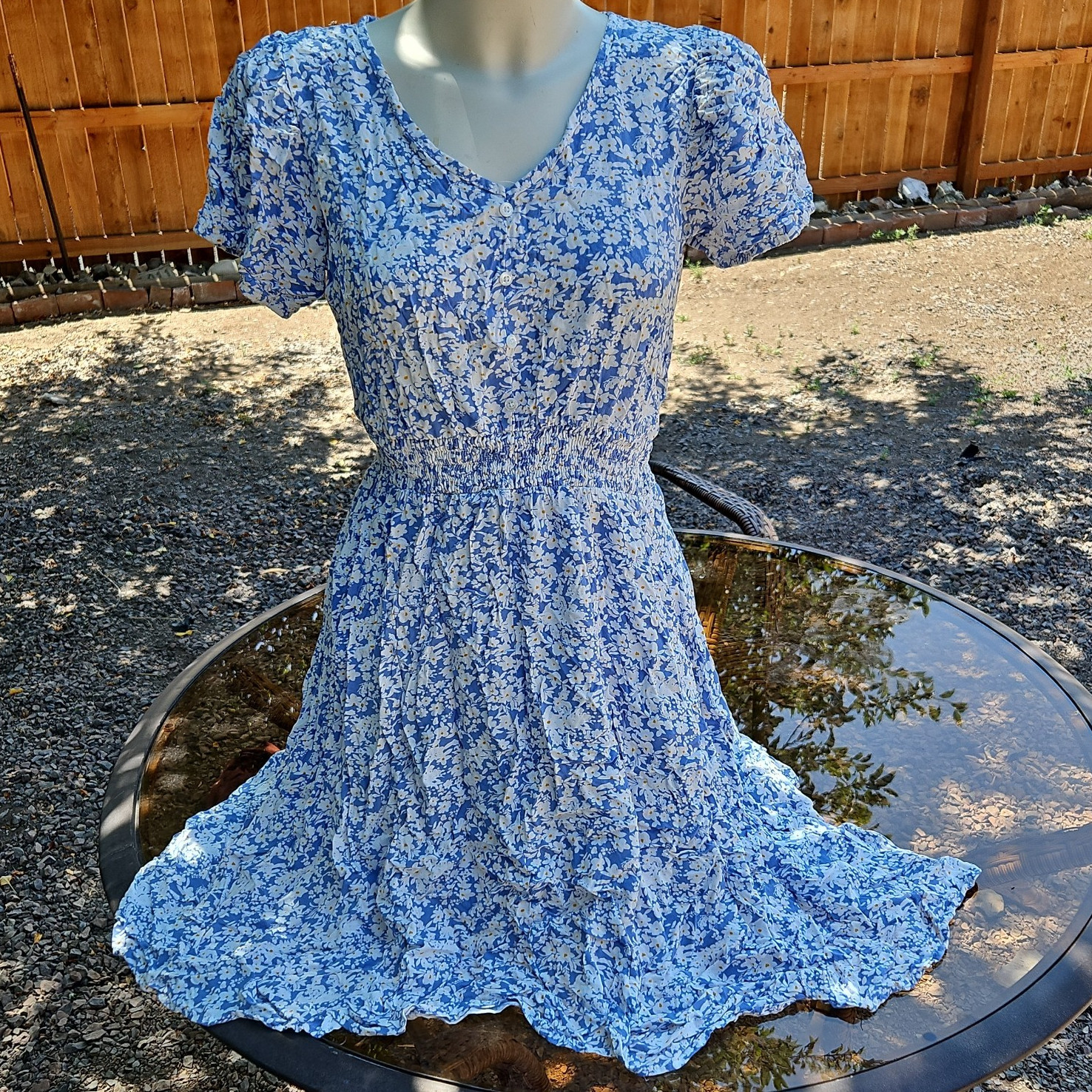 Indigo Rose Blue White Floral V-Neck Short Sleeve Button Long Sundress Size L