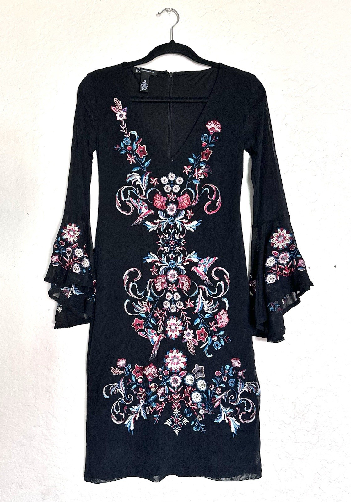 INC International Concepts Black Floral Shift Dress Bell Sleeve V-Neck XS