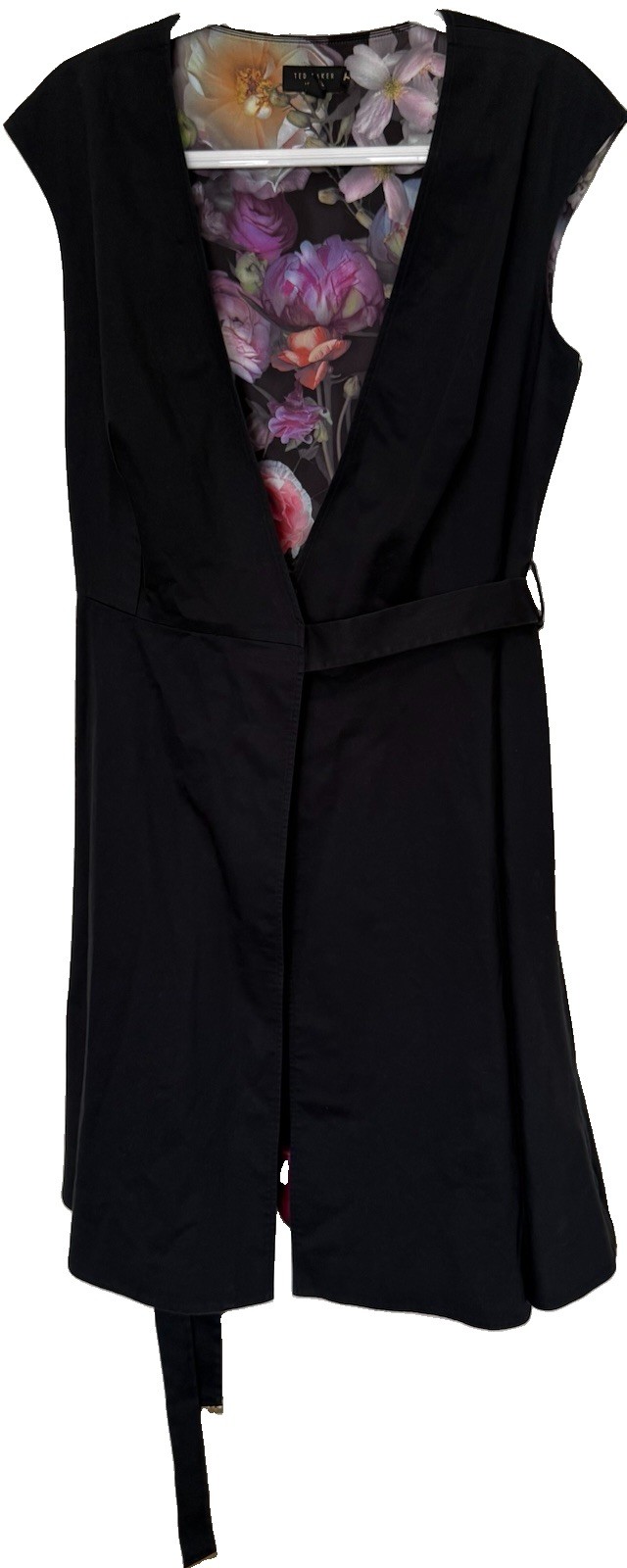 Ted Baker Black Wrap Dress Sleeveless Floral Lining Belted TB Gold Ends Size 3