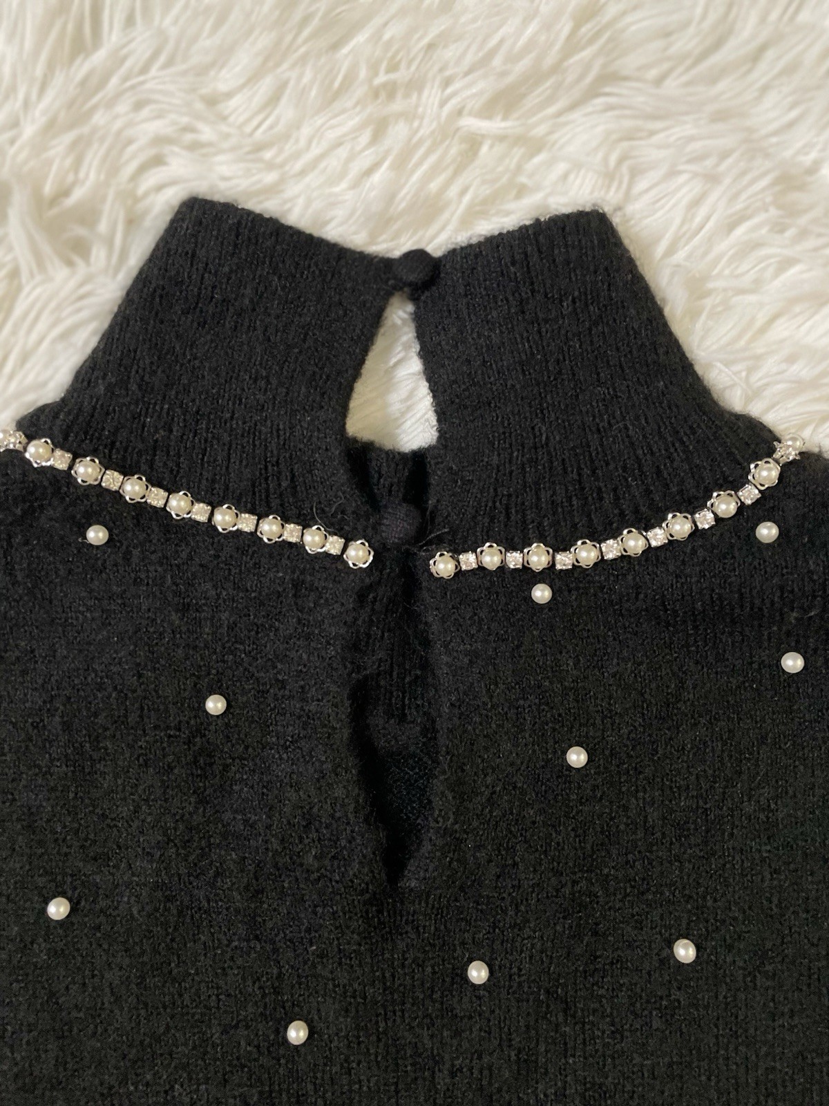 ZARA Pearl Rhinestone Mock Neck Posh Glam Classy Bling Y2K Knit Dress Black L