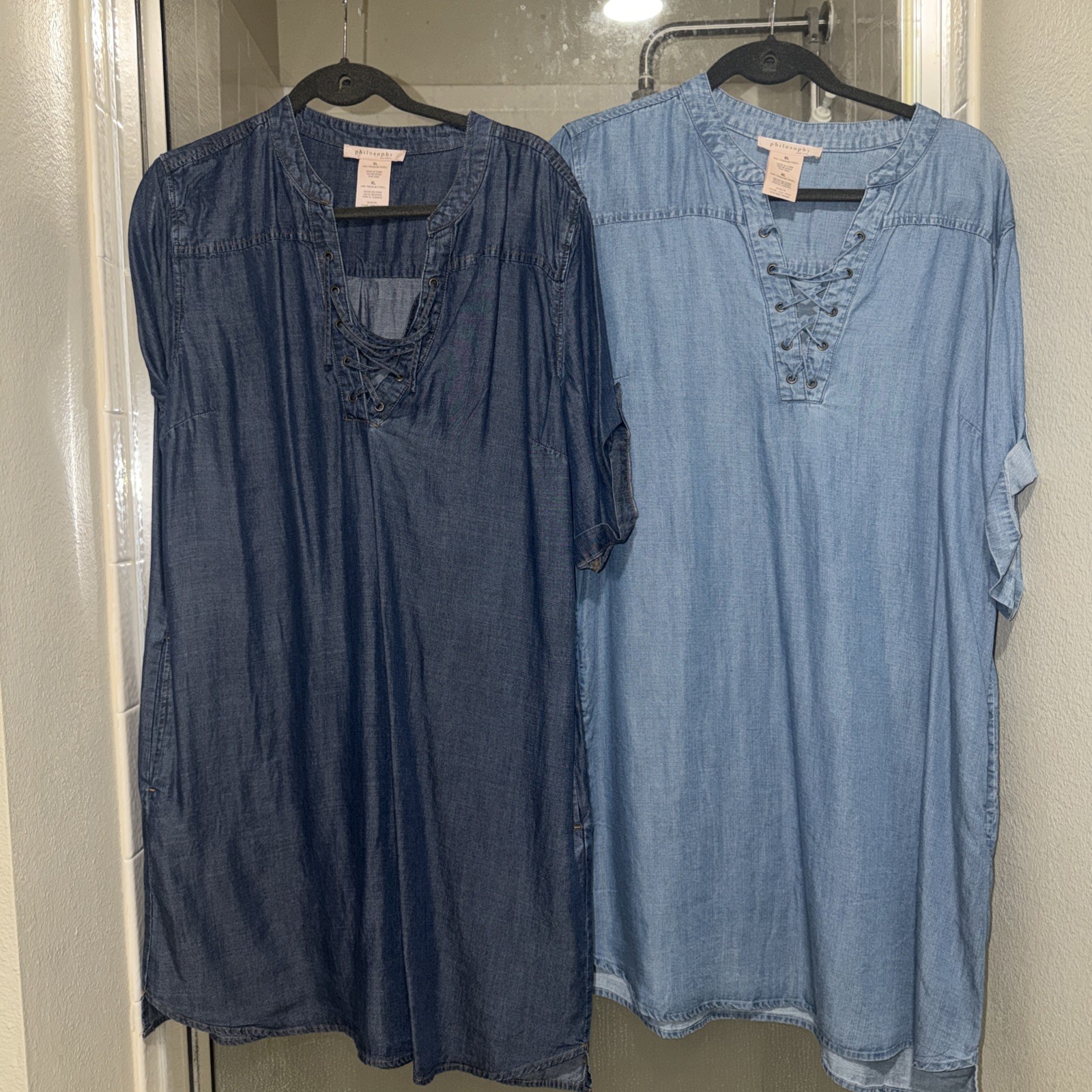 2 Philosophy Size XL Denim Chambray Shirt Dress Lace Up dark and light blue